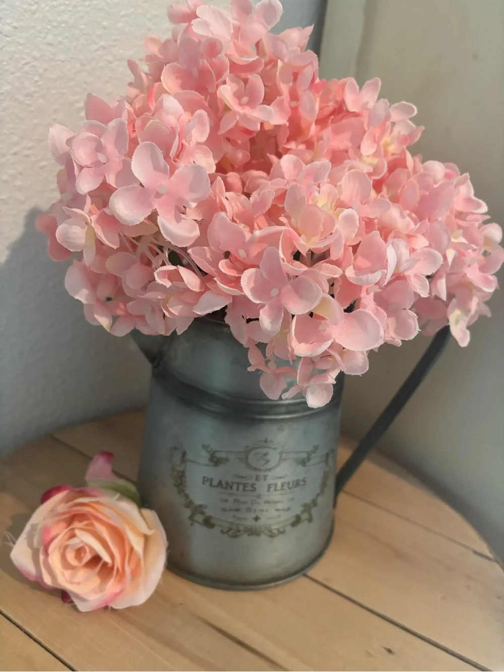 Hand Crafted Soft Pink Hydrangea Bouquet in Metal Pitcher Final Sale